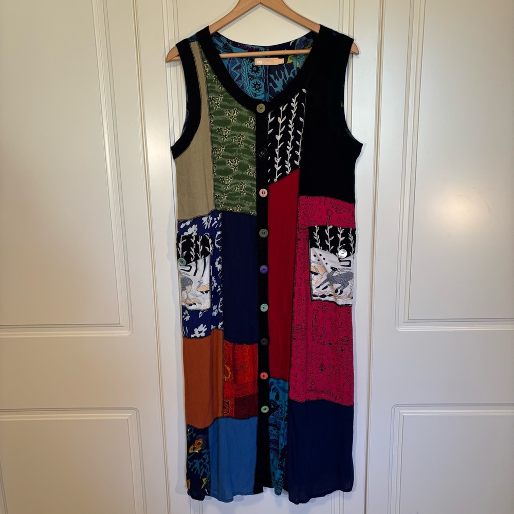 LA CERA Colorful Patchwork-look Sleeveless Dress w/Colourful buttons sz Large